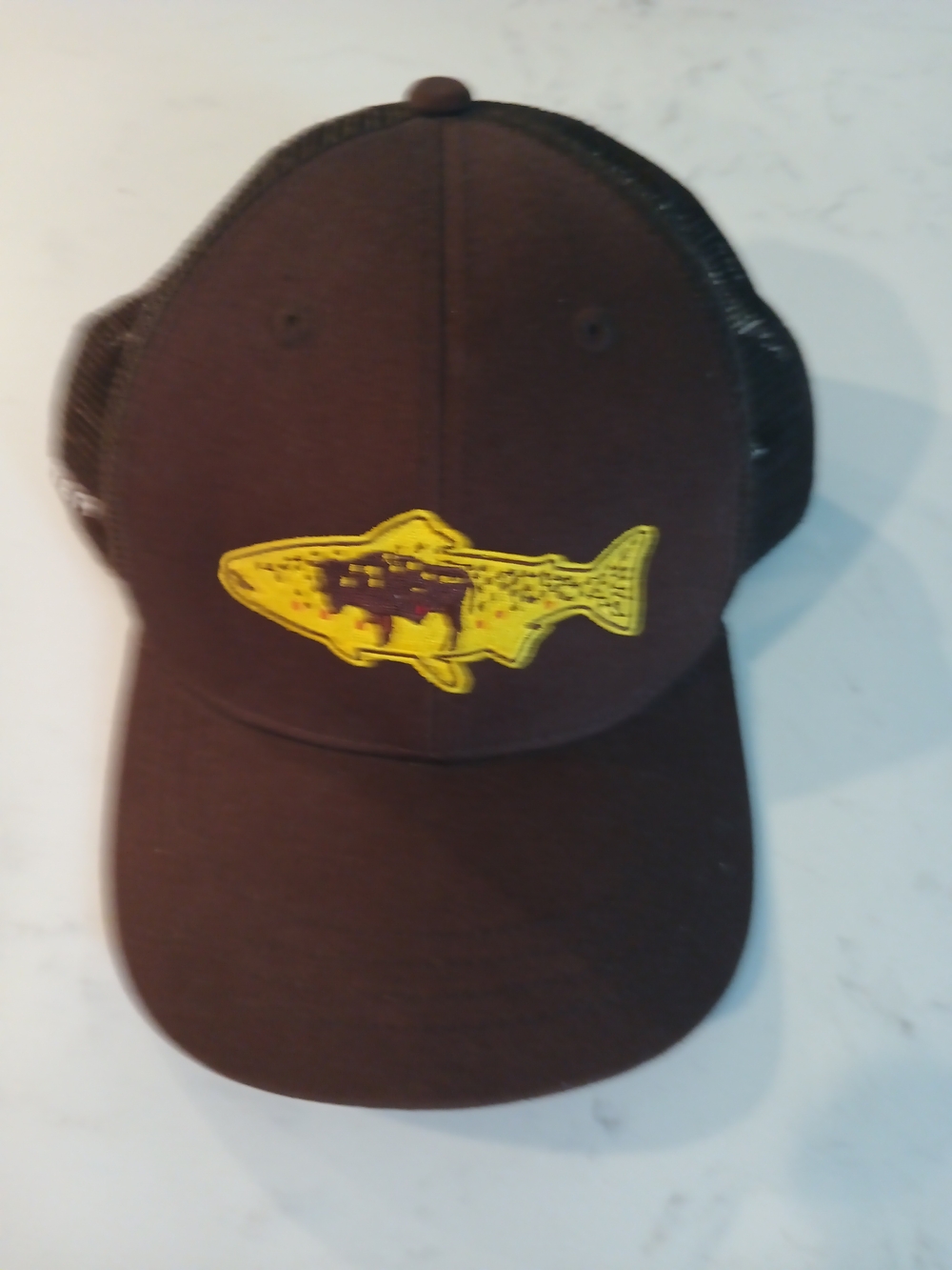 Brown Trucker Hat with Yellow Fish Patch - Rep Your Water